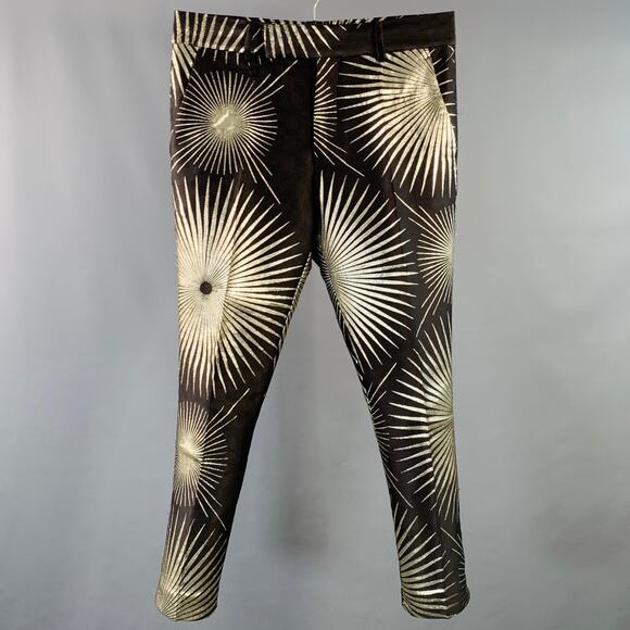 Size 32 Black Gold Jacquard Silk Blend Sunburst Cropped Casual Pants - Picture 1 of 13